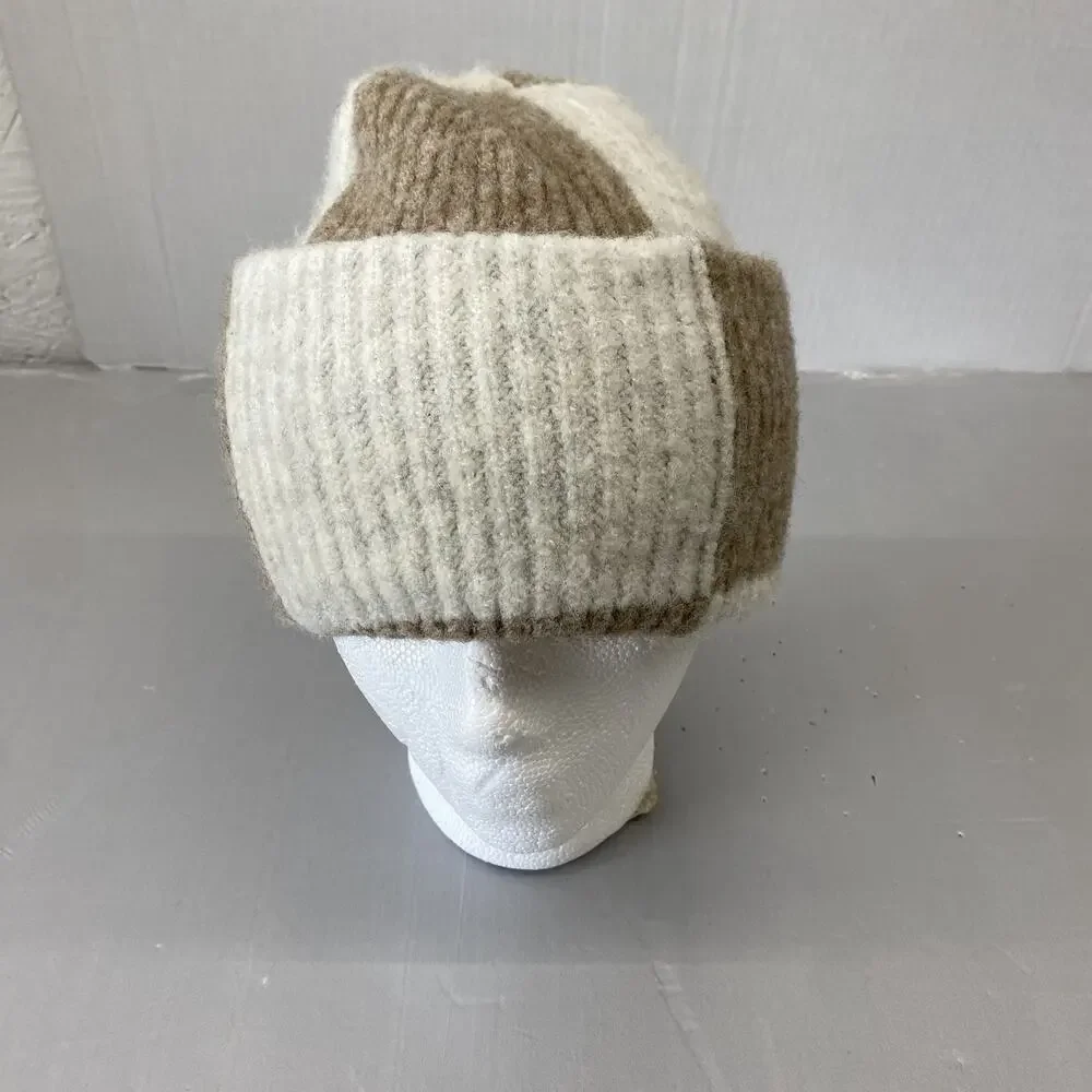 Maeve Anthropologie Womens Hat Cream Taupe Colorblock Ribbed Knit Après Ski Boho